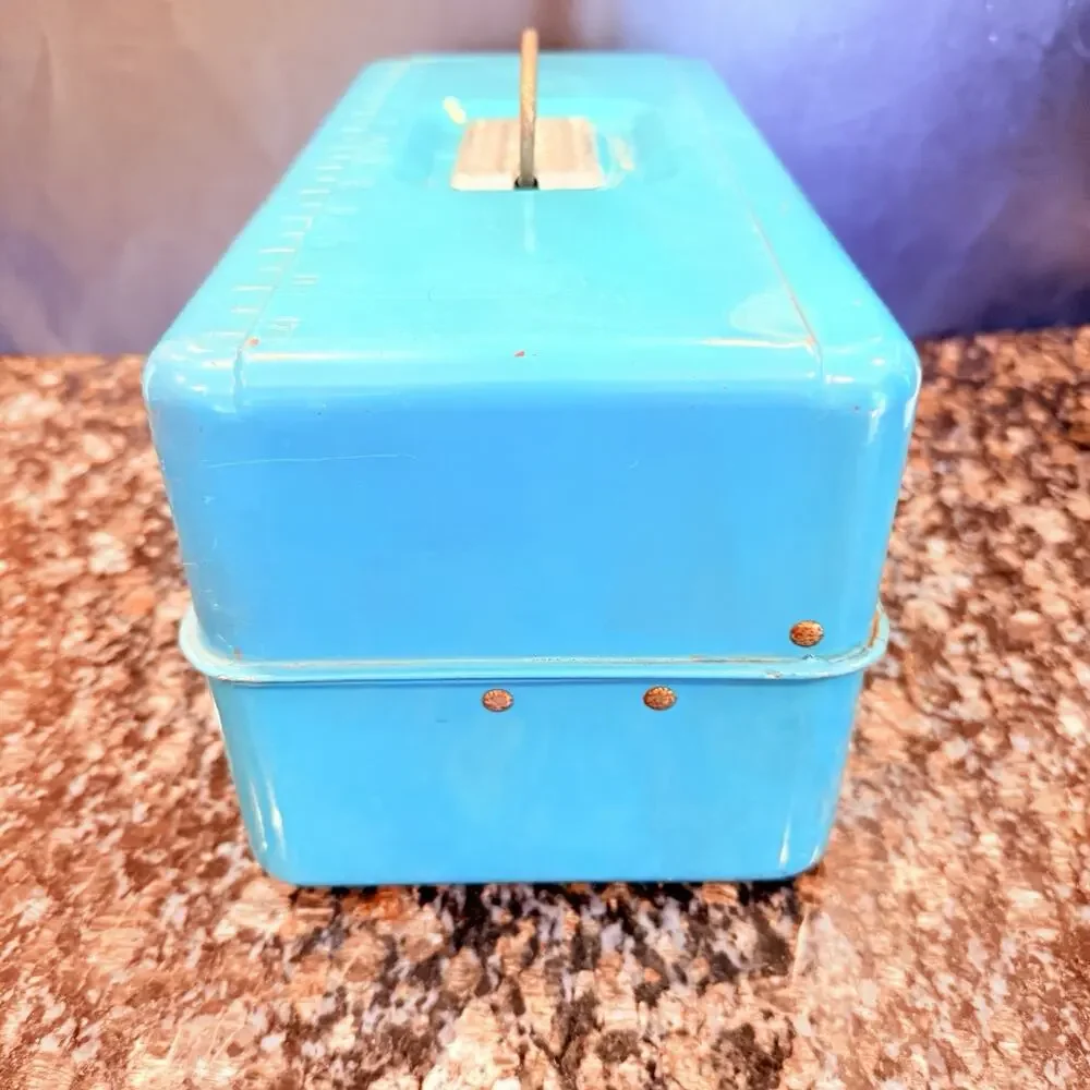 Vintage Loc-Wel 1356 Blue Metal Tackle Box Liberty Steel Fishing Lures USA 13”